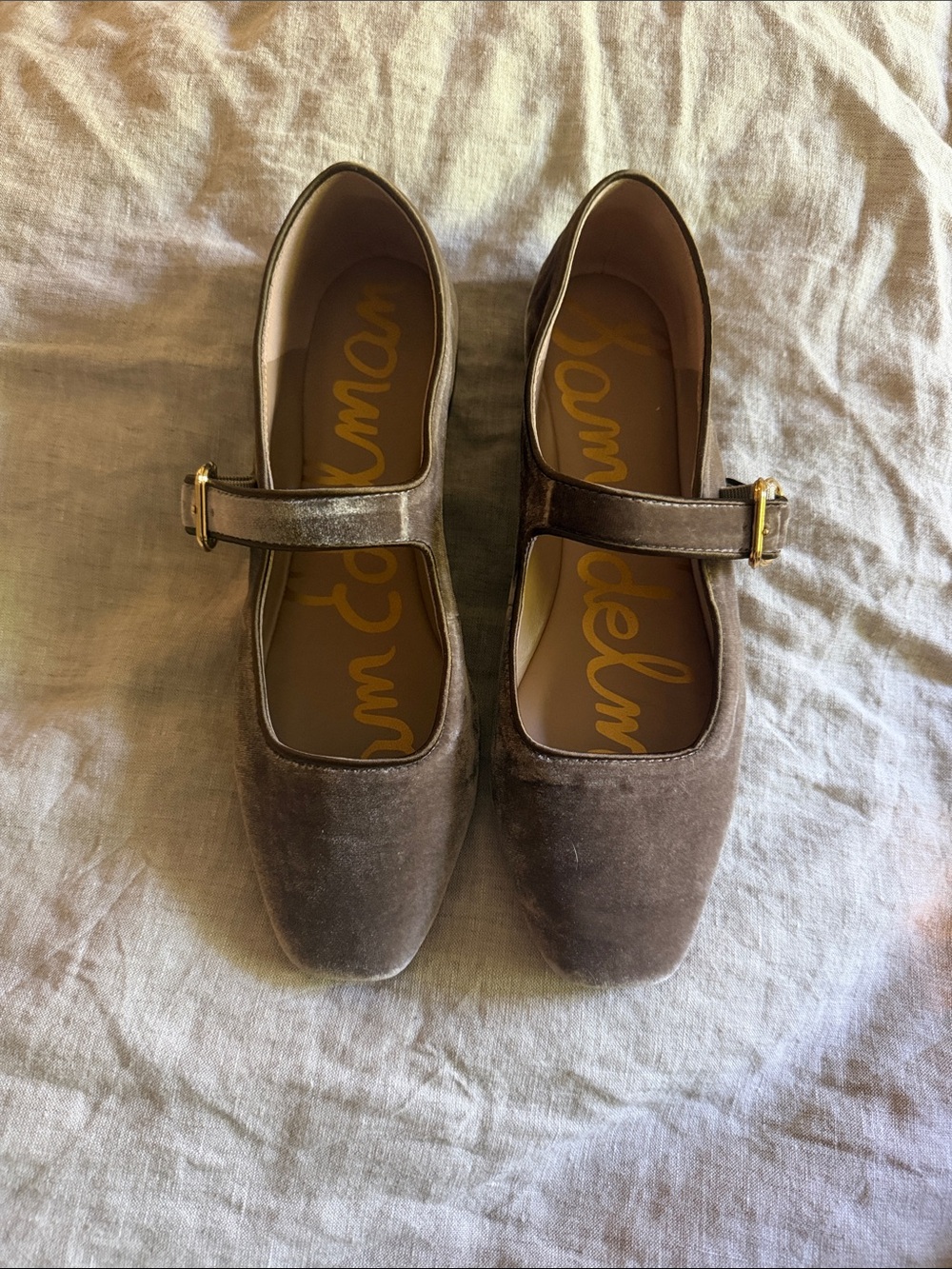 Sam Edelman Michaela Green Velvet Mary Jane Flats with Gold Buckles